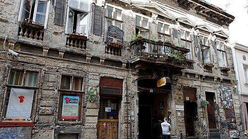 quarter-ruin-bar-facade.jpg Weathered ruin bar building facade in Budapest's Jewish Quarter, District VII
